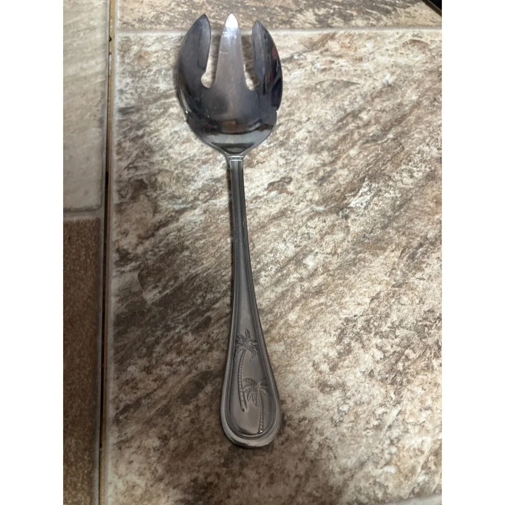 Towle Stainless Steel Salad Serving Fork Tropical Palm Tree Pattern Silver 9.25